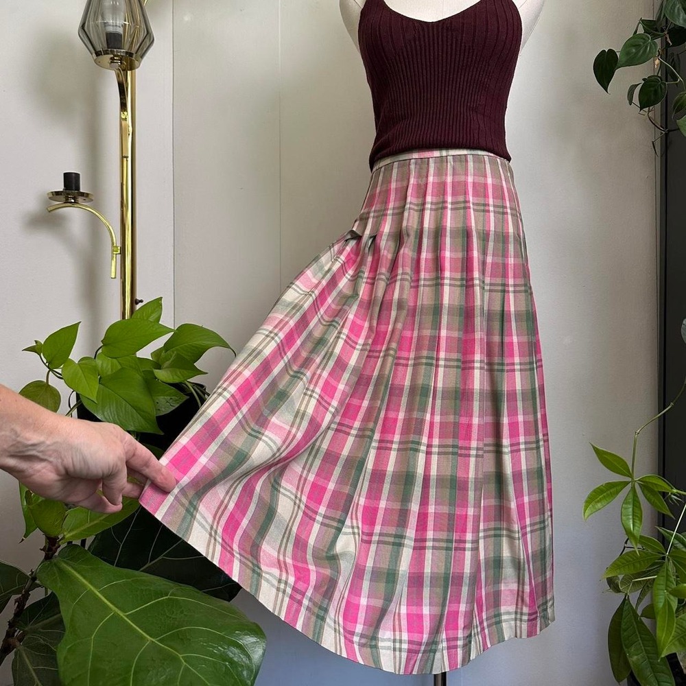 Pendleton Vintage 90s Plaid Pleated Midi Skirt Pink Green Rayon USA Womens 8